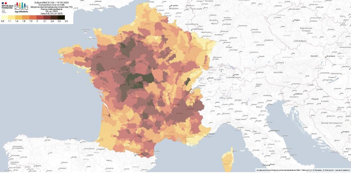Anomalie de la moyenne des températures moyennes au 30/06/25