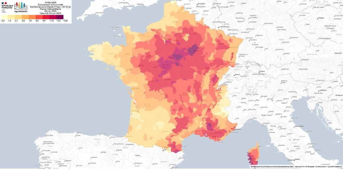 Anomalie de nombre de jours avec la t° maxi supérieure à 25°C (30/06/25)